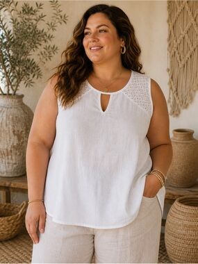 Made in Italy 100% Linen Eyelet Detail Tank Blouse | Coastal Boho Quiet Luxury
